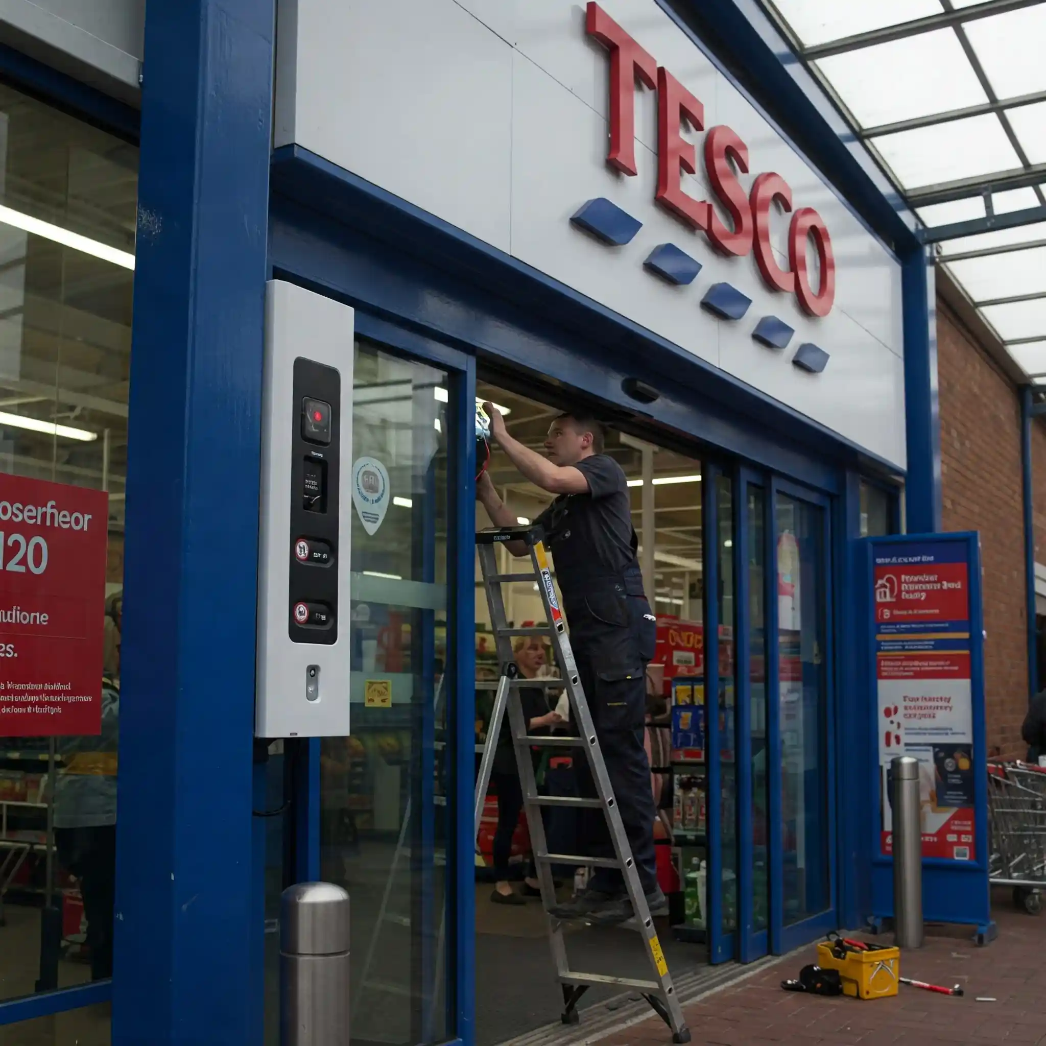 Professional technician repairing an automatic sliding door in Slough
